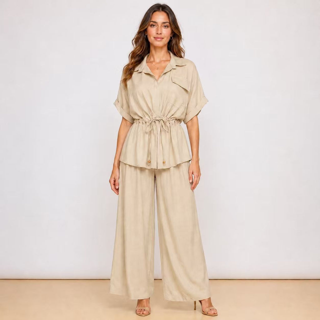 [2026] Capri, Ensemble Chemise et Pantalon Coordonné Avec Cordon de Serrage à la Taille