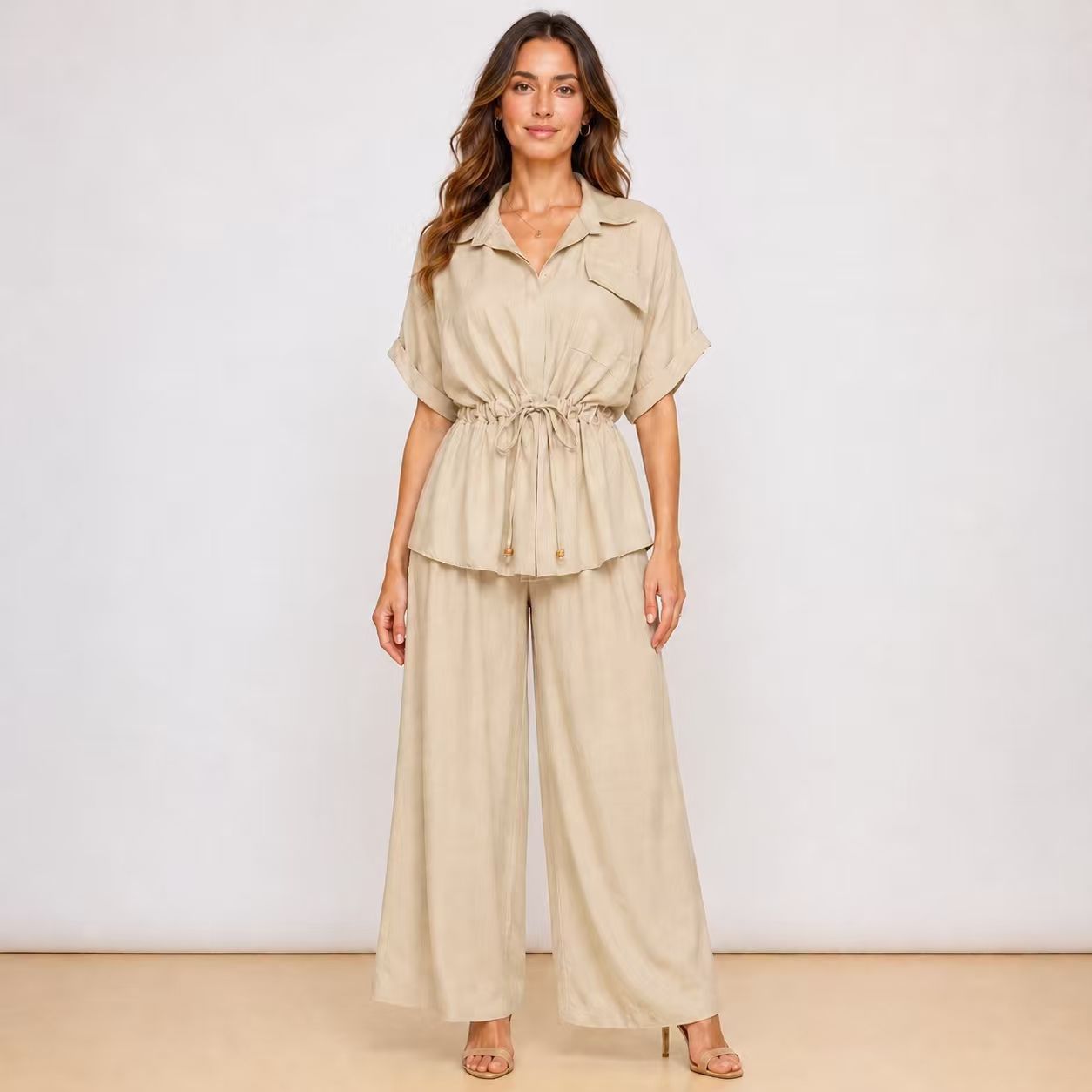 [2026] Capri, Ensemble Chemise et Pantalon Coordonné Avec Cordon de Serrage à la Taille