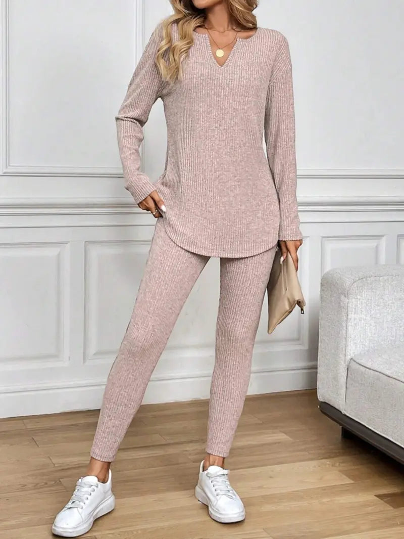 Ensemble 2 pièces décontracté femme, t-shirt à manches longues et legging en maille côtelée peluche, automne/hiver