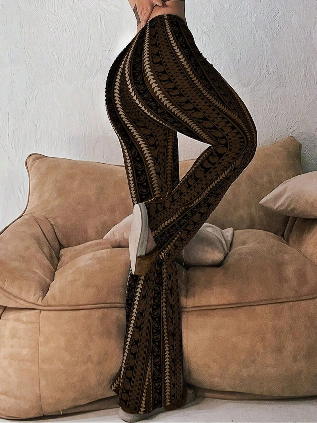 Pantaloni attillati in maglia svasati con stampa geometrica da donna, pantaloni casual estivi comodi ed eleganti per l'uso quotidiano, capi inferiori da donna per tutte le stagioni