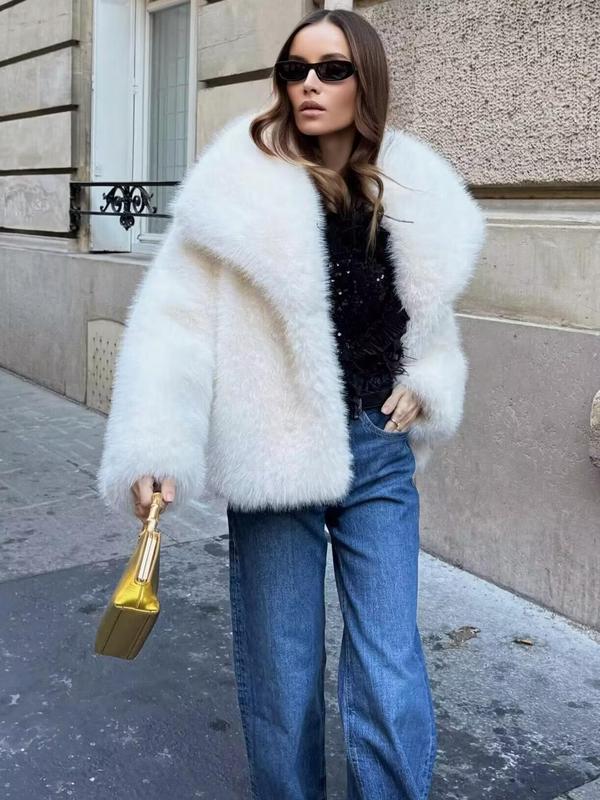 Giacca in finta pelliccia tinta unita da donna, cappotto casual a maniche lunghe con colletto per autunno e inverno, abbigliamento da donna per tutti i giorni, top carini