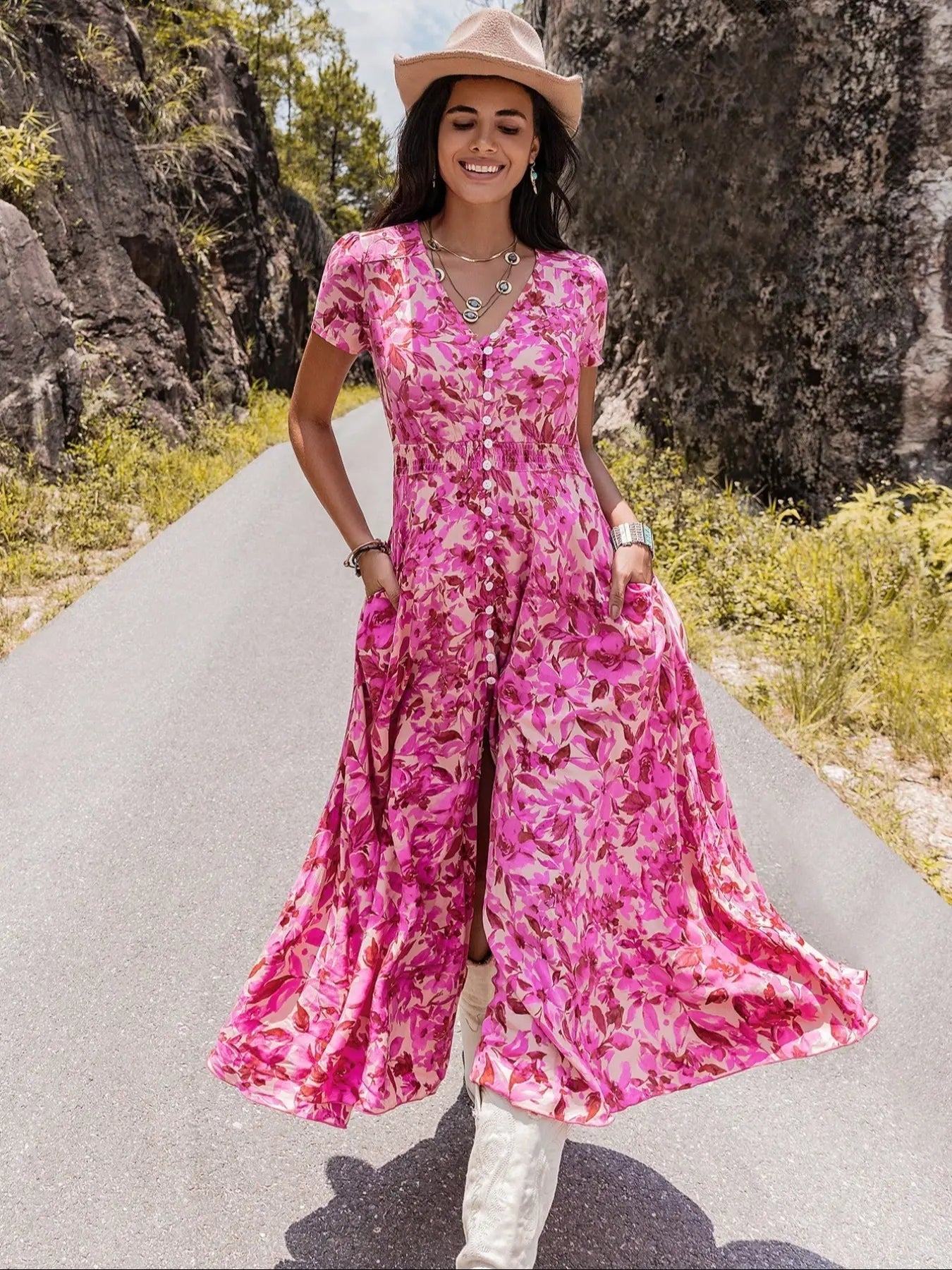 Vestito casual bohémien da donna con stampa floreale e bottoni, vestito da spiaggia estivo da donna con scollo a V, maniche corte, vestito chic e casual.