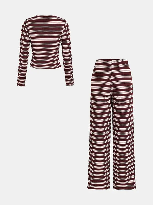 Ensemble top manches longues rayé colorblock décontracté et pantalon coupe ample pour femme, parfait pour les vacances, les trajets quotidiens, le quotidien.