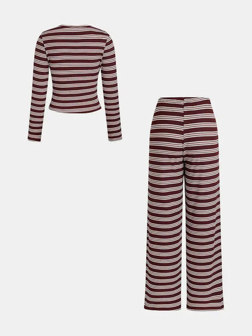 Completo Casual da Donna con Maglia a Maniche Lunghe a Righe Colorblock e Pantaloni a Gamba Larga, Ideale per Vacanze, Pendolarismo, Uso Quotidiano