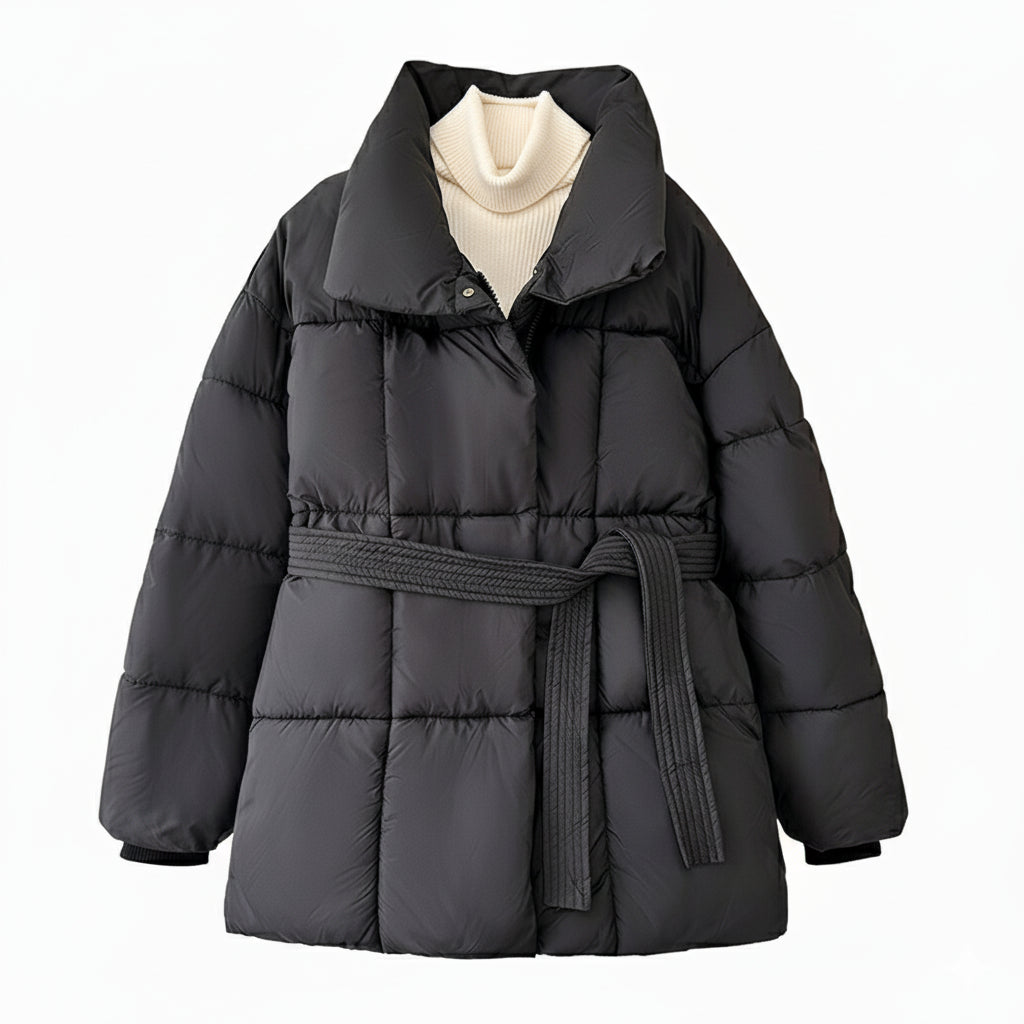 Doudoune matelassée mi-longue ceinturée pour femme, Manteau décontracté résistant à l'eau pour femme, Vêtement d'extérieur matelassé classique avec grandes poches