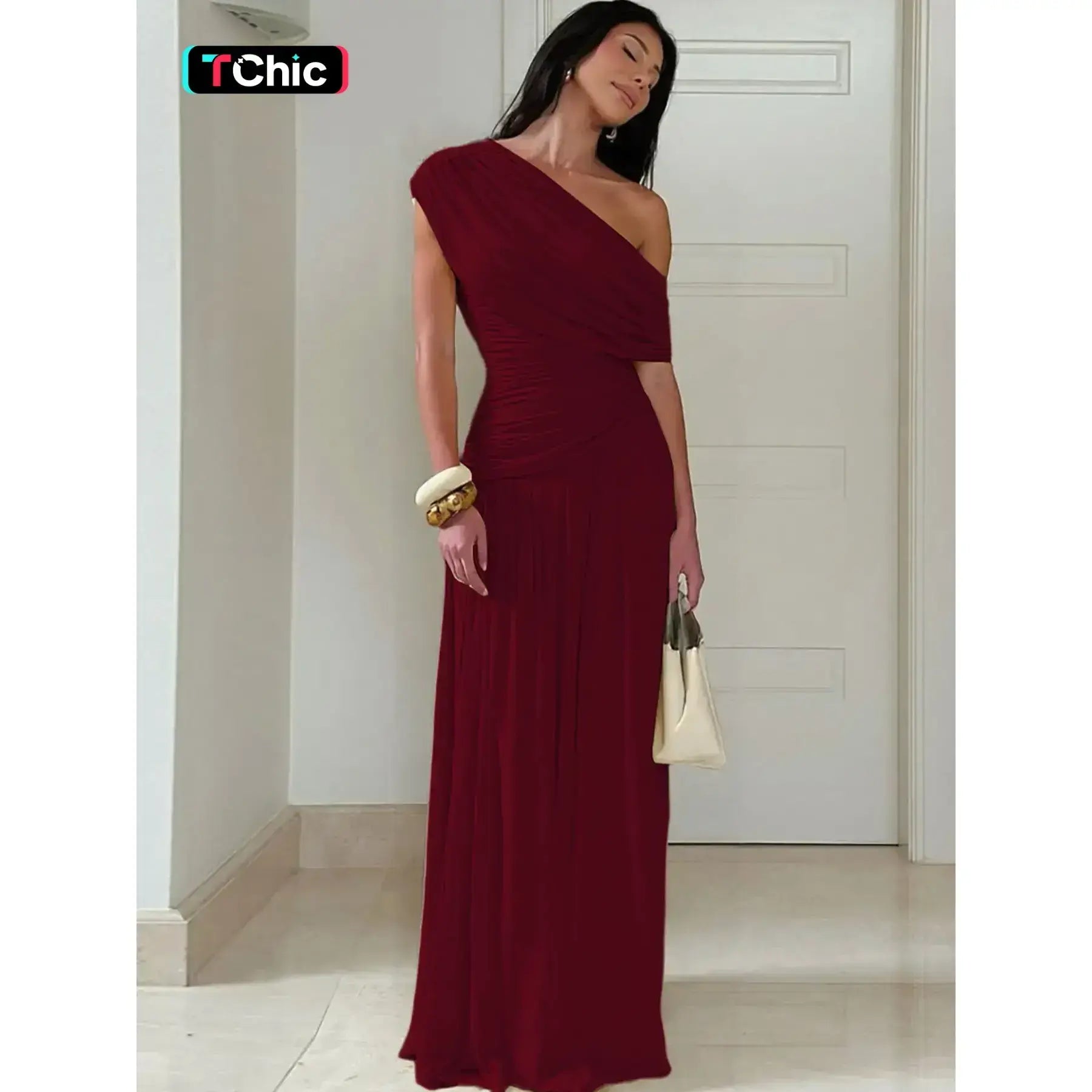 Abito da donna in tinta unita con arricciature, Abito elegante da sera per feste, Abito estivo da donna, Abito asimmetrico con arricciature