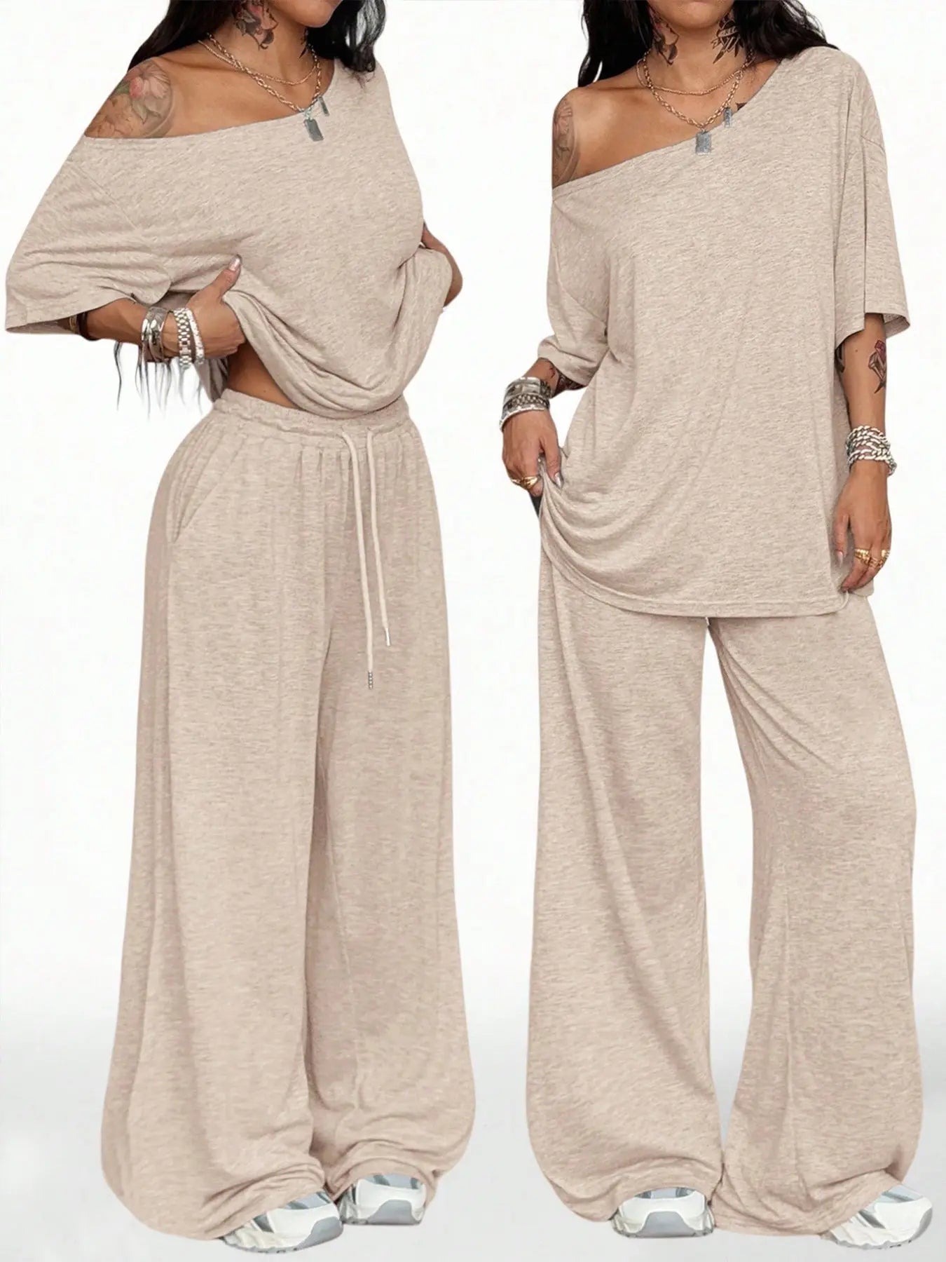 Ensemble deux pièces décontracté de sport de couleur unie pour femme, pantalon long ample et costume à col oblique à jambes larges, mode printemps et automne.