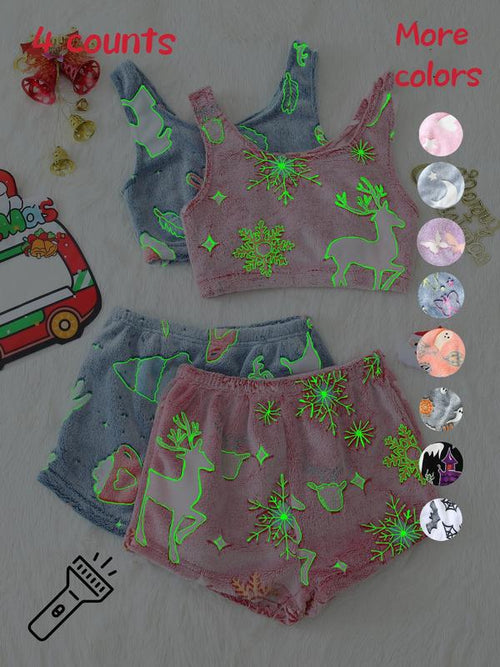 4 Counts/2 Set Women's Halloween Print Glow in The Dark Crop Tank Top & Elastic Waist Shorts Fluffy Pajamas, Casual Comfortable Loungewear for Women, Comfy Loungewear for Women, Women's Sleepwear for Fall, Fluffy Pajamas