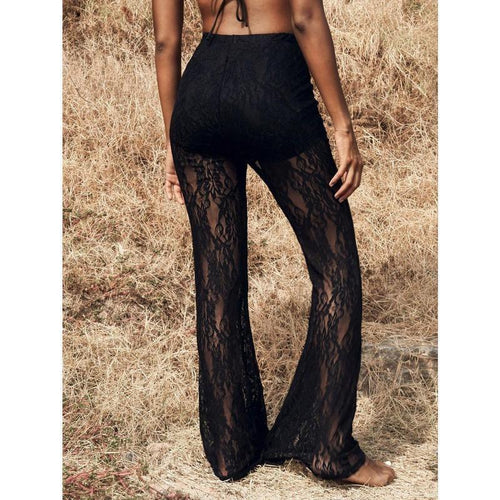 Pantalon évasé taille haute en dentelle tricotée pour femme