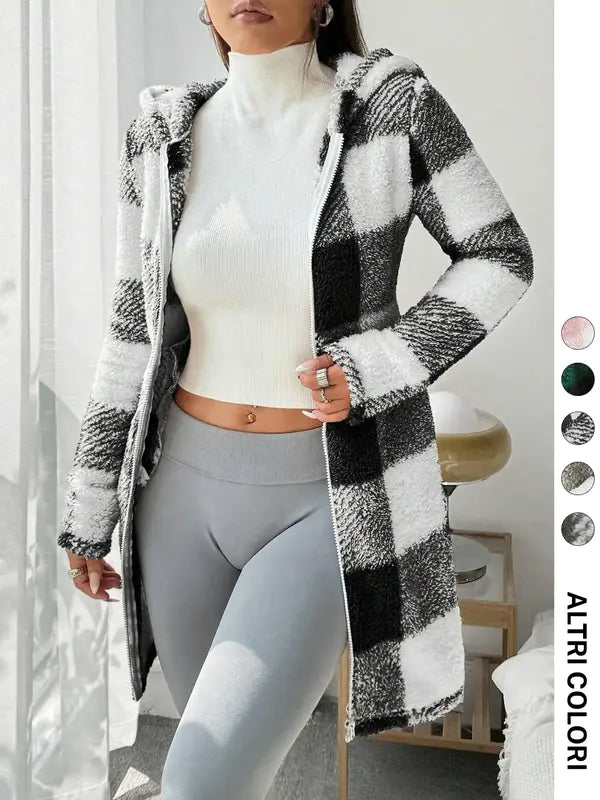 Sweat à capuche zippé en plaid et bordure duveteuse pour femme, décontracté automne/hiver