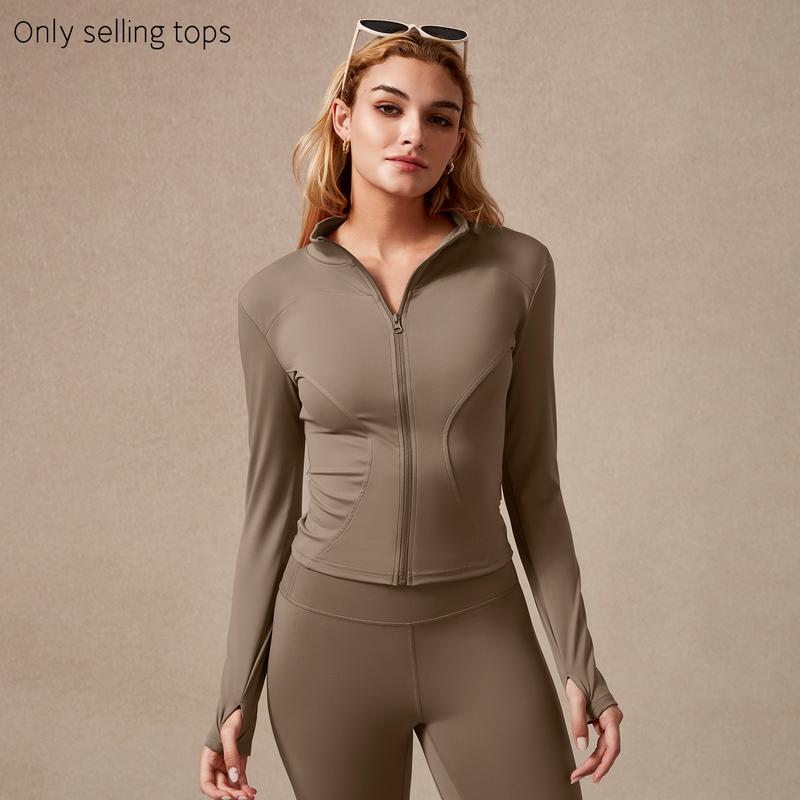 Giacca sportiva da donna con zip intera, maniche lunghe, vestibilità aderente, tessuto elasticizzato ad asciugatura rapida con fori per i pollici per corsa, yoga, palestra, allenamento, abbigliamento sportivo