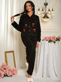 Ensemble de détente doux avec décorations de cerises pour femme, ensemble élégant et décontracté haut à manches longues et pantalon, vêtements de nuit pour femme pour l'automne et l'hiver, pyjama