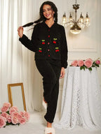 Ensemble de détente doux avec décorations de cerises pour femme, ensemble élégant et décontracté haut à manches longues et pantalon, vêtements de nuit pour femme pour l'automne et l'hiver, pyjama