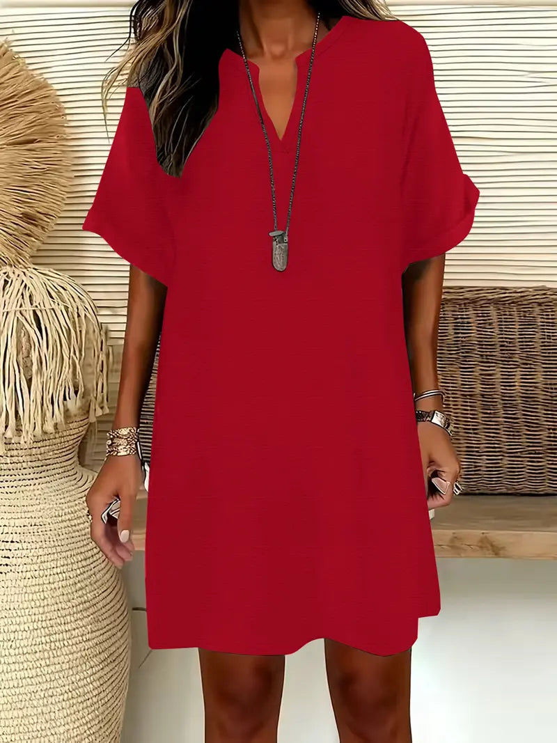Vestito Midi da Donna a Maniche Corte con Scollo a V, Vestito Casual Chic con Spalle Scivolate e Linea ad A per l'Estate, Vestito Comodo ed Elegante