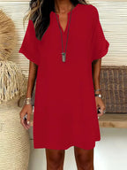 Vestito Midi da Donna a Maniche Corte con Scollo a V, Vestito Casual Chic con Spalle Scivolate e Linea ad A per l'Estate, Vestito Comodo ed Elegante