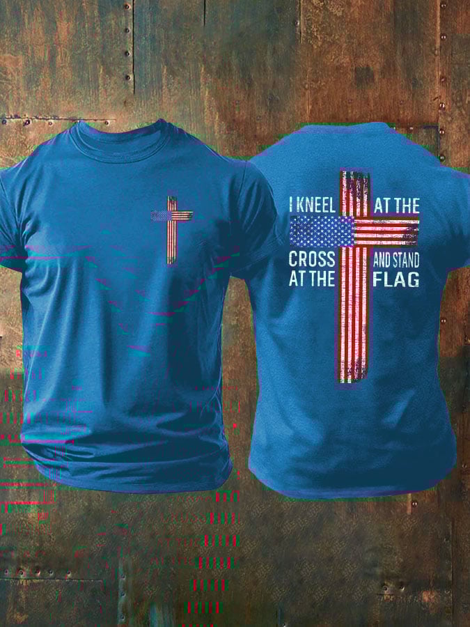 Men's I Kneel At The Cross And Stand At The Flag Print T-Shirt