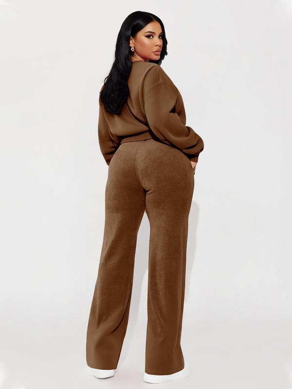 Set da donna casual composto da top a manica lunga e pantaloni dritti a vita alta, autunno inverno, abbigliamento comodo ed elegante, abbigliamento femminile