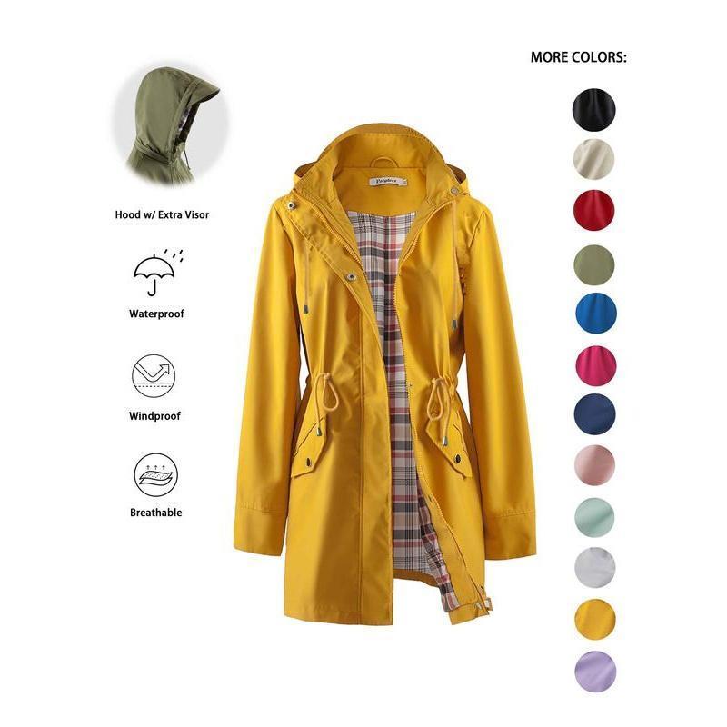 Trench-coat à capuche zippé de couleur unie pour femme, à cordon de serrage, manches longues, imperméable, coupe-vent, doux, confortable, décontracté, adapté au printemps, à l'automne, aux tenues quotidiennes et aux sorties