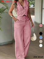 Nouvel ensemble de pantalons pour femmes, ensemble gilet sans manches avec taille cintrée, pantalon large, élégant tailleur-pantalon deux pièces pour femme de bureau