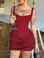 Robe mini-corset sexy moulante à ruché et cordon de serrage avec arêtes de poisson pour femme, tenue de soirée en boîte de nuit