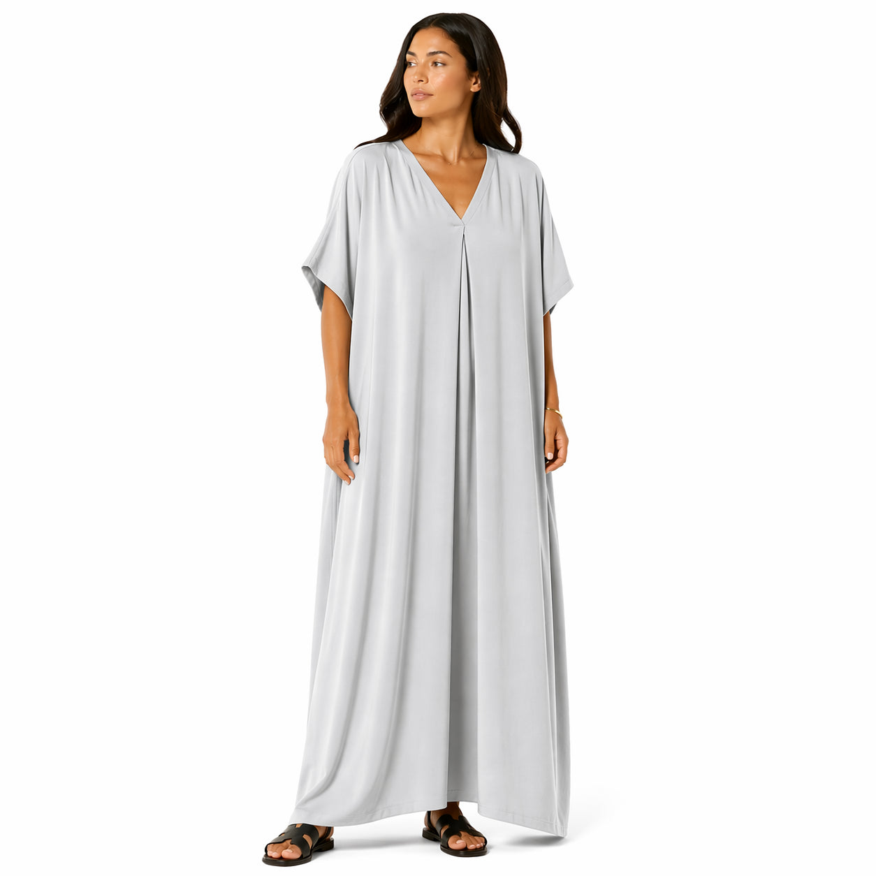 Robe longue, ample et fluide à col en V pour femme – chic et confortable pour l'été.