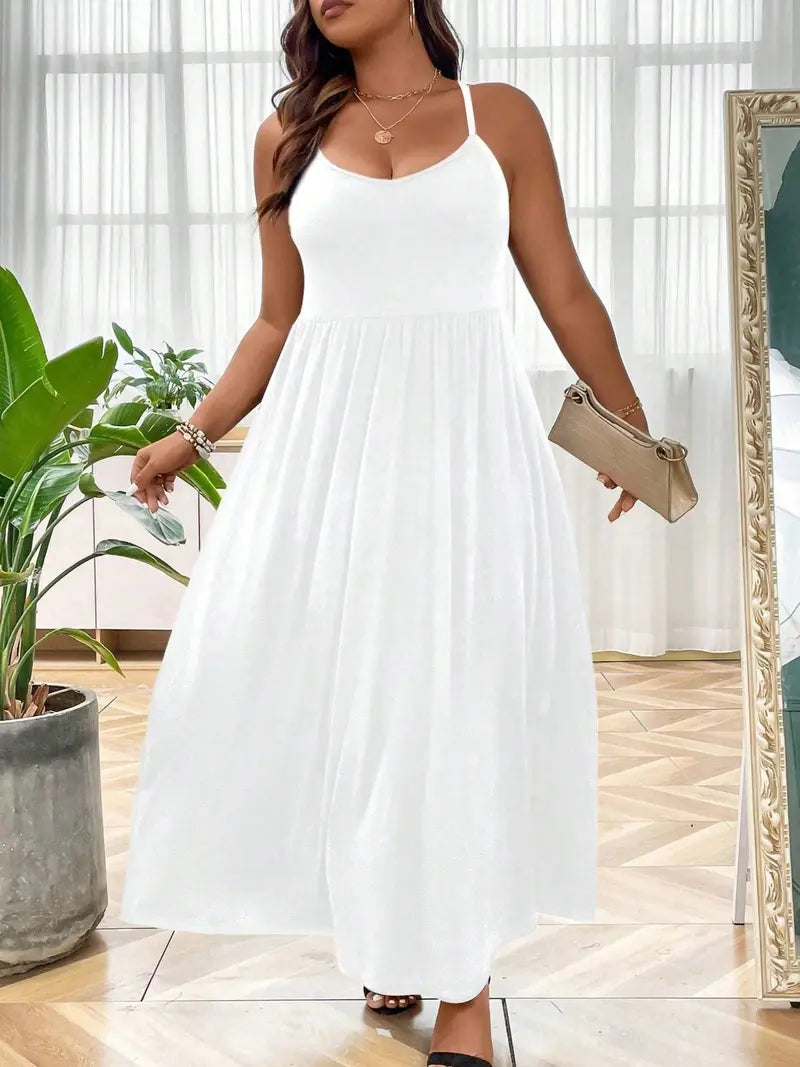 Robe Caraco Grande Taille sans Dos et Croisée, Robe trapèze décontractée unie sans manches à fines bretelles pour l'été, Vêtements pour femmes pour fête et vacances
