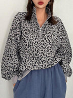 Sweat-shirt décontracté à manches longues et imprimé léopard, avec fermeture éclair à l'avant, Vêtements d'automne