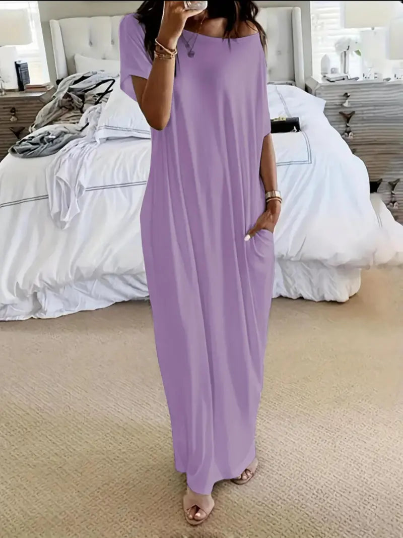 Robe de détente unie à manches chauve-souris pour femme, chemise de nuit décontractée et confortable à manches courtes pour le quotidien, vêtement de nuit pour femme pour toutes les saisons