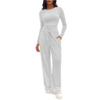 Completo da Casa da Donna Tinta Unita con Arricciature e Coulisse, Top Casual a Maniche Lunghe con Scollo Rotondo e Pantaloni a Gamba Larga con Tasche, Pigiama da Donna per Tutte le Stagioni