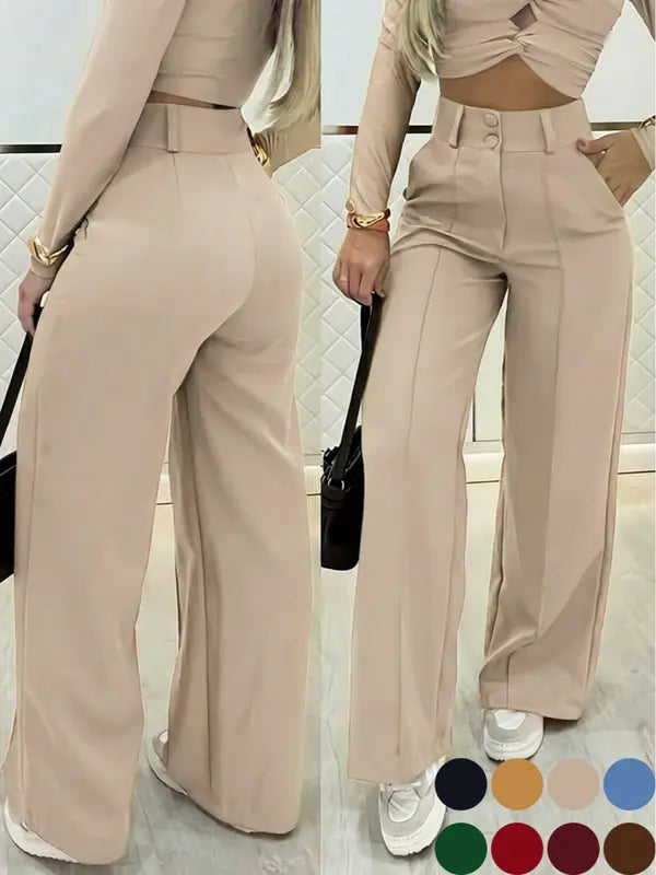 Pantalon large simple pour femme avec double boutonnage, pièce essentielle polyvalente pour les trajets quotidiens, élégante tenue de bureau