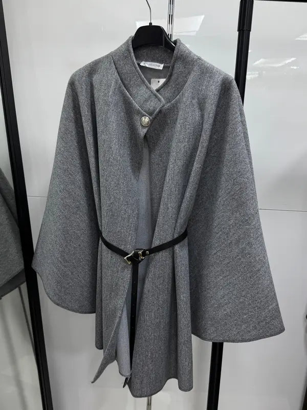 Manteau cape en laine ceinturé à boucle unie pour femme