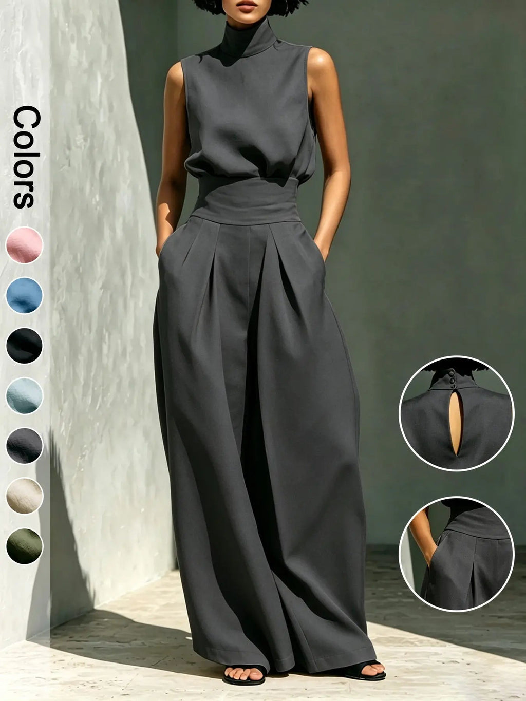 Completo due pezzi da donna con top a collo alto senza maniche e pantaloni lunghi, elegante set a vita alta con pantaloni a palazzo, alla moda per signore