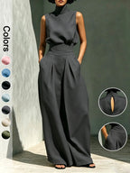 Completo due pezzi da donna con top a collo alto senza maniche e pantaloni lunghi, elegante set a vita alta con pantaloni a palazzo, alla moda per signore