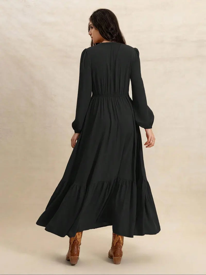 Robe unie à col en V et manches longues pour femme, robe tissée décontractée ajustée pour toutes les saisons, vêtements féminins à la mode pour le quotidien