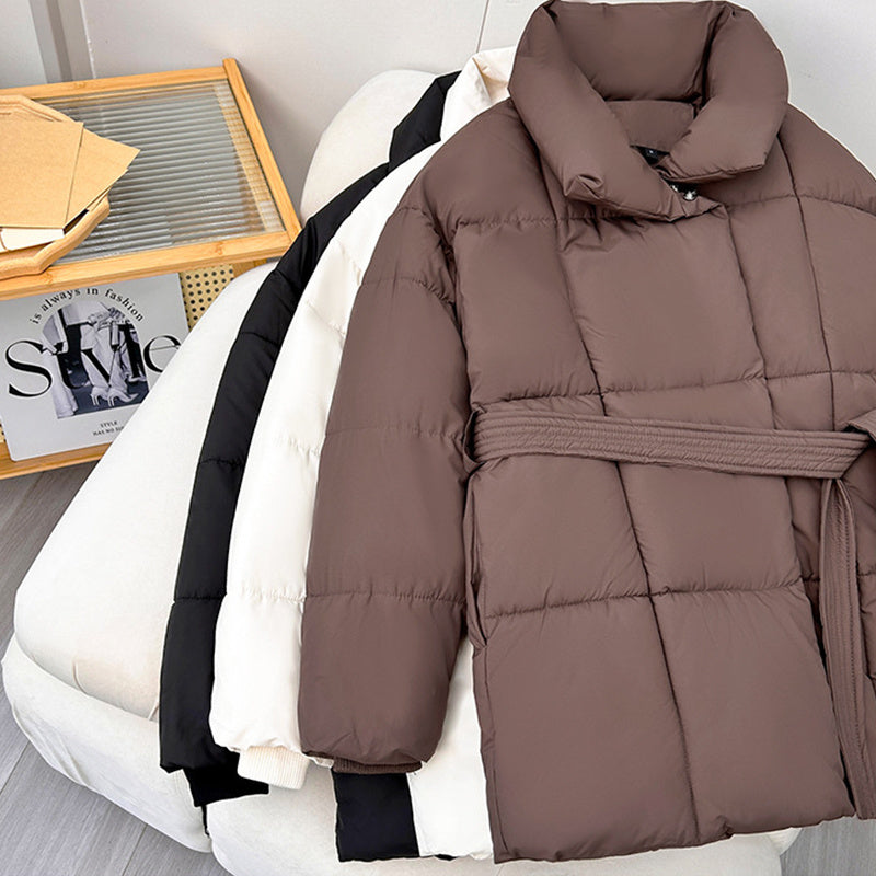 Doudoune matelassée mi-longue ceinturée pour femme, Manteau décontracté résistant à l'eau pour femme, Vêtement d'extérieur matelassé classique avec grandes poches