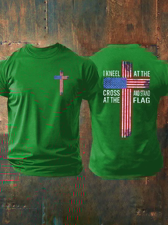Men's I Kneel At The Cross And Stand At The Flag Print T-Shirt