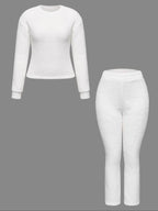 Ensemble deux pièces décontracté pour femme, haut à manches longues de couleur unie et pantalon large élastique, pyjama confortable et minimaliste à col rond