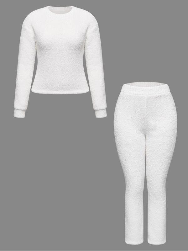 Ensemble deux pièces décontracté pour femme, haut à manches longues de couleur unie et pantalon large élastique, pyjama confortable et minimaliste à col rond