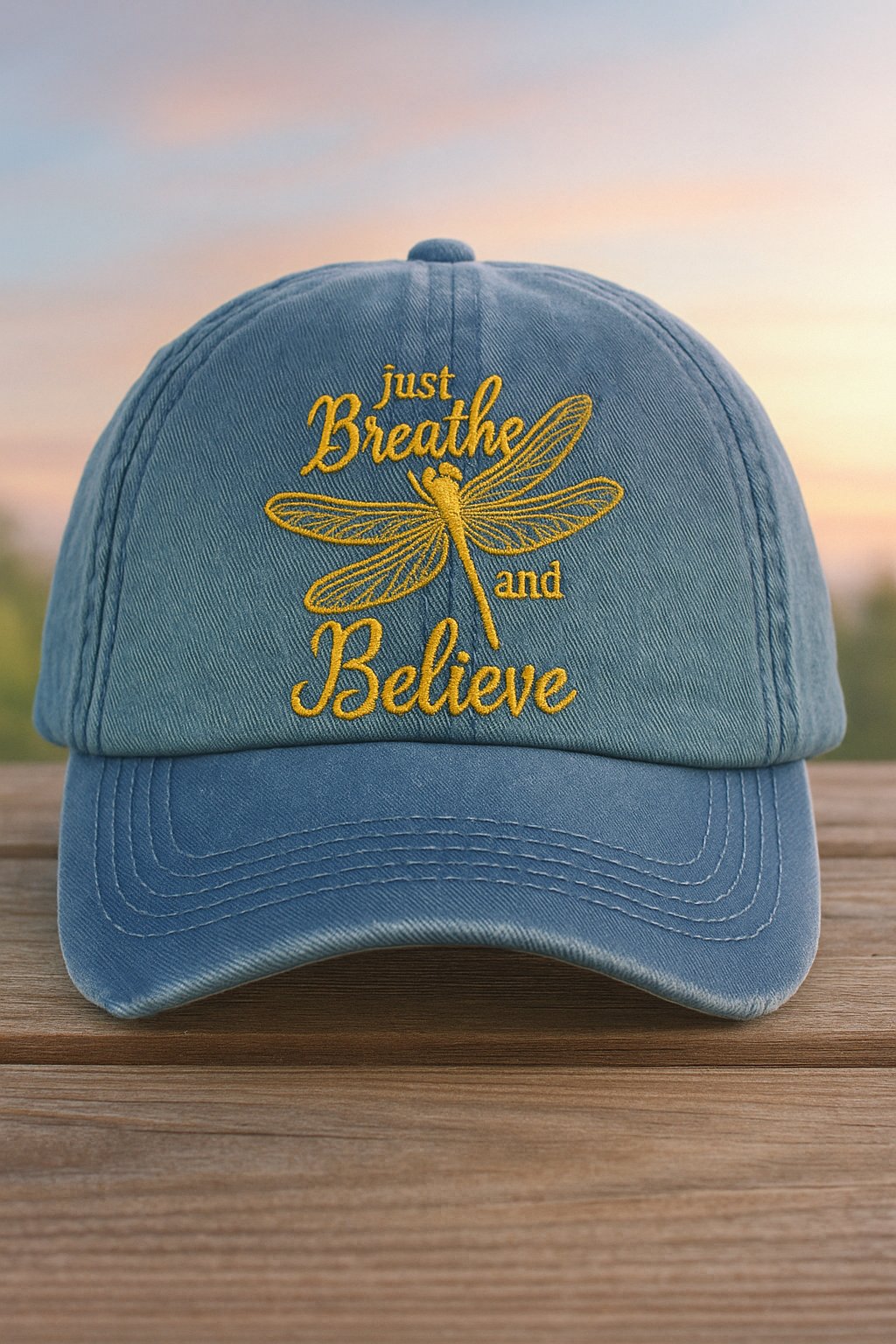 Cappello ricamato con stampa "Just Breath Dragonfly"
