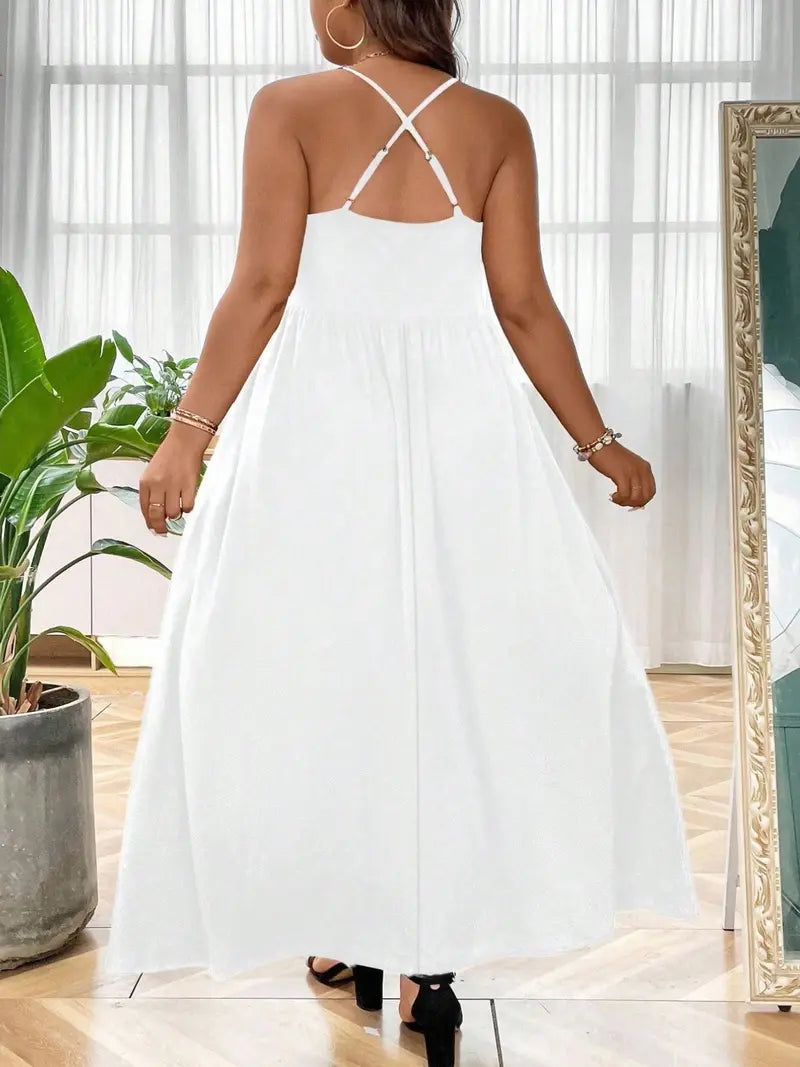 Robe Caraco Grande Taille sans Dos et Croisée, Robe trapèze décontractée unie sans manches à fines bretelles pour l'été, Vêtements pour femmes pour fête et vacances