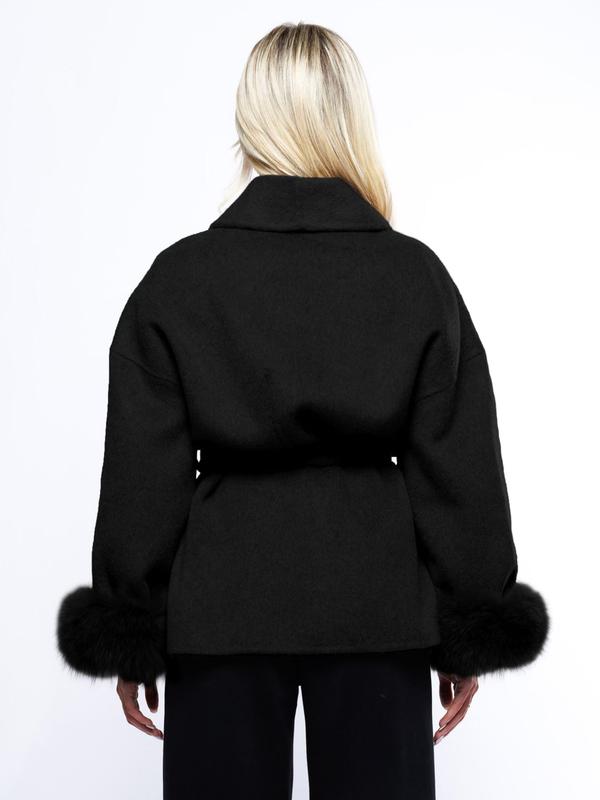 Manteau croisé thermique élégant pour femme, couleur unie, avec ceinture et manches longues en peluche