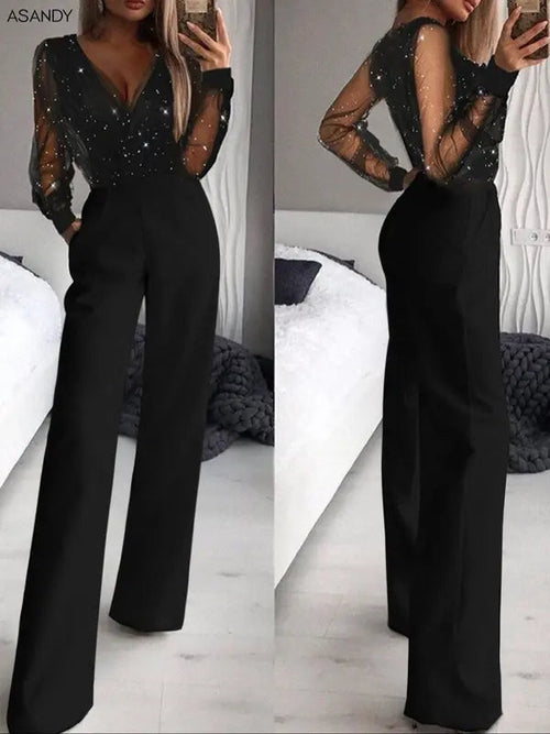 Combinaison pantalon femme printemps-automne, élégante et sexy, en maille noire et paillettes, col en V profond, manches longues, coupe amincissante et jambes larges.