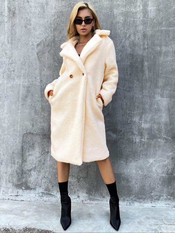 Manteau en fausse fourrure uni avec poches et boutons, col à revers et manches longues, tenue décontractée pour l'automne et l'hiver, vêtements pour femmes pour un usage quotidien