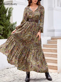 Women's Boho Style Long Sleeve Woven Paisley Print Dress, Fitted Waist Design, Comfortable, Casual & Stylish for All Seasons, Perfect for Beach