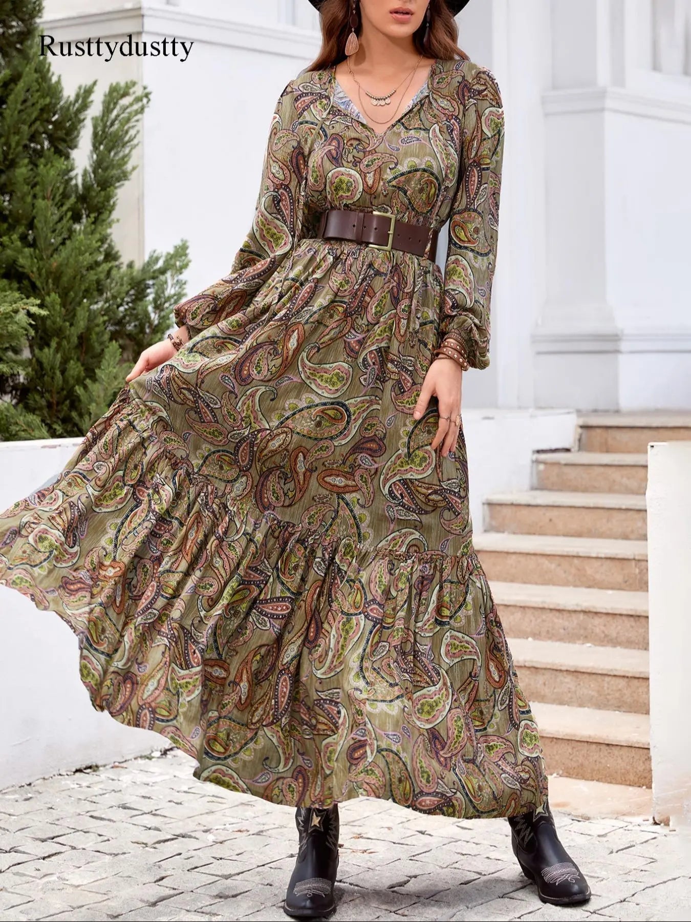 Robe longue tissée à manches longues pour femme style bohème, imprimé cachemire, taille ajustée, confortable, décontractée et élégante pour toutes les saisons, parfaite pour la plage