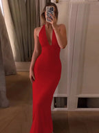 Vestito Bodycon da donna a tinta unita con scollo all'americana e schiena scoperta