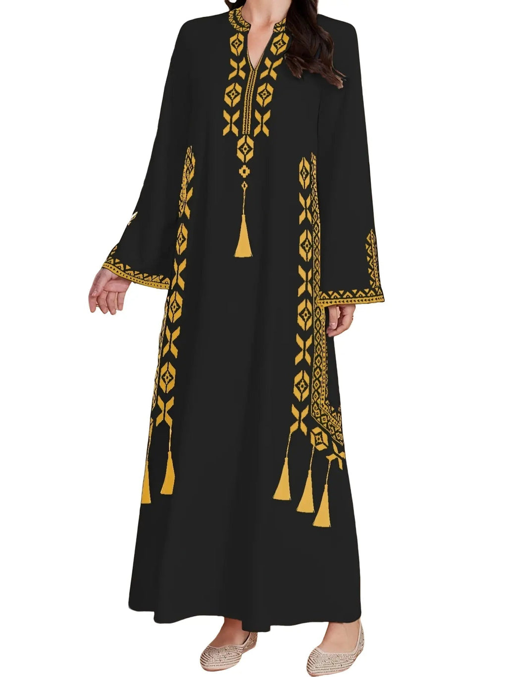 Vestito da donna con stampa digitale, abito a trapezio a maniche lunghe in tessuto intrecciato stile mediorientale, vestibilità casual aderente per le stagioni primavera e autunno, abbigliamento femminile