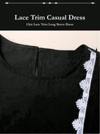 Abito da donna a maniche lunghe, girocollo, tinta unita, casual, stile vestaglia elegante con bordo in pizzo, perfetto per l'uso quotidiano e le occasioni speciali