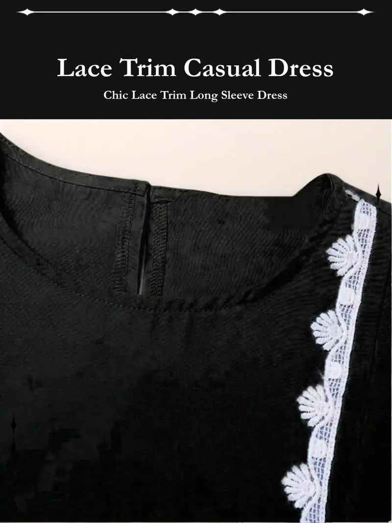Abito da donna a maniche lunghe, girocollo, tinta unita, casual, stile vestaglia elegante con bordo in pizzo, perfetto per l'uso quotidiano e le occasioni speciali
