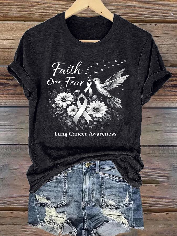 Women'S Casual "Faith Over Fear" Lung Cancer Awareness Printed Short-Sleeve T-Shirt